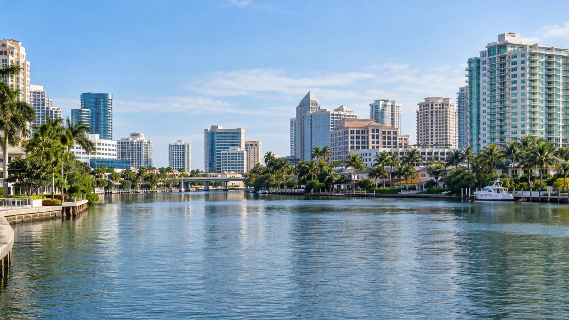 Fort Lauderdale waterfront with palm trees, high-rise condominiums, and the downtown skyline overlooking the New River.
