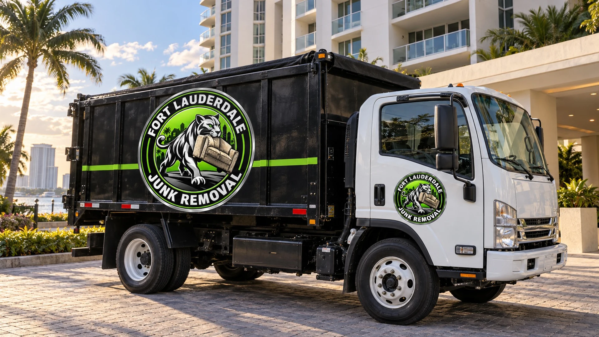 Truck displaying the Fort Lauderdale Junk Removal logo parked outside a waterfront high-rise condo with palm trees.