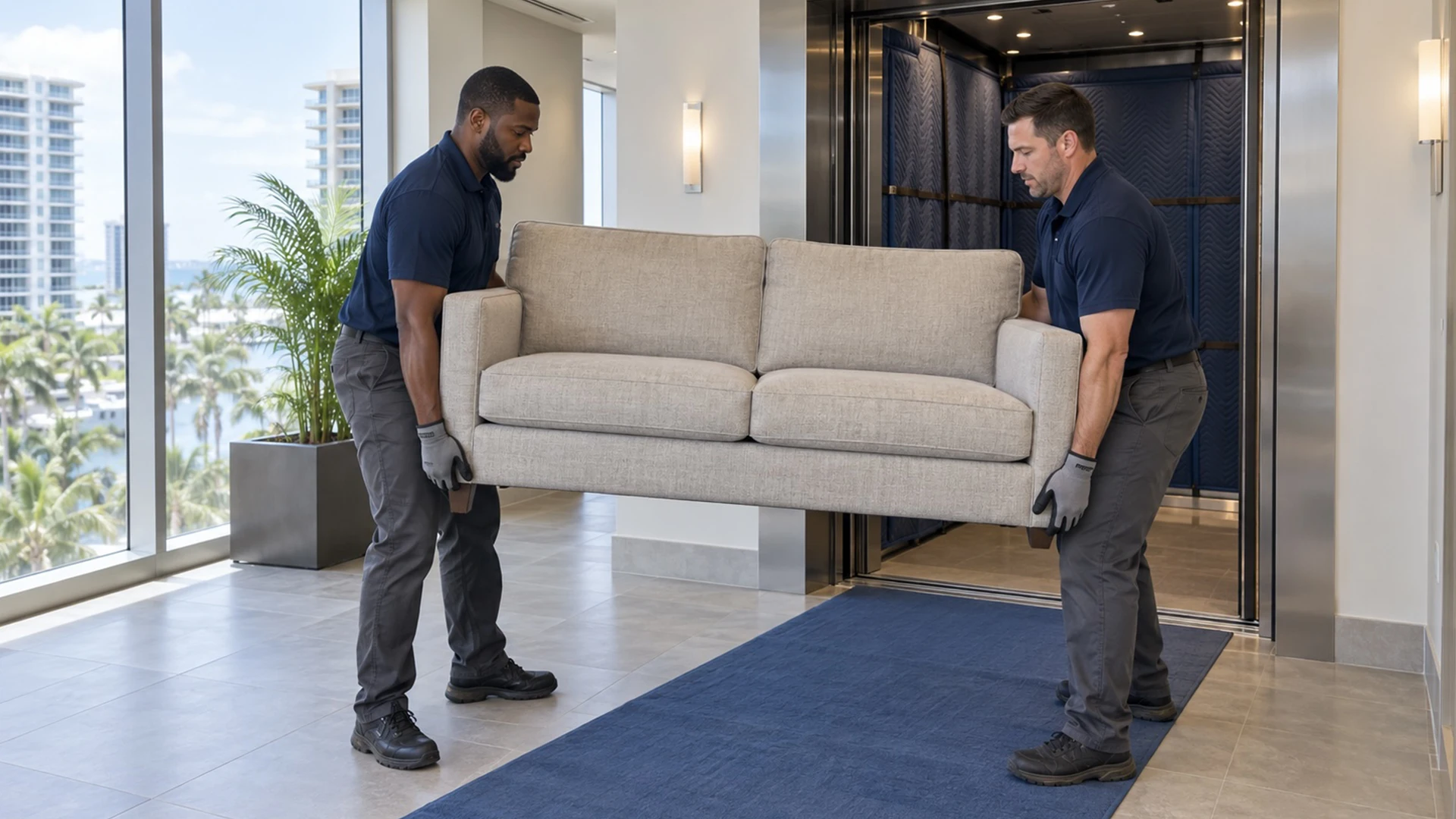 Two junk removal professionals carrying a sofa through a condo hallway with floor protection and a padded elevator.