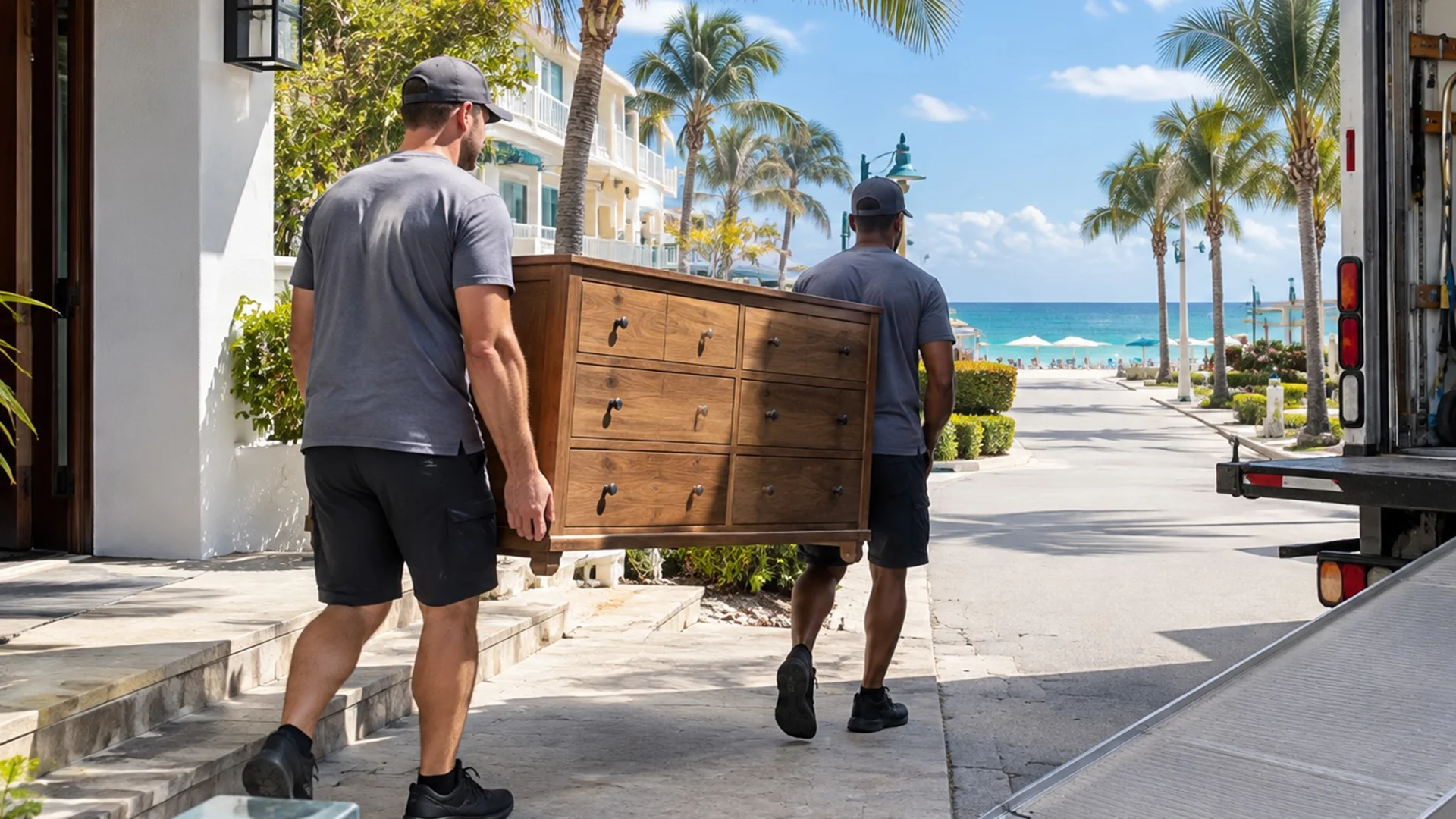 Crew carrying a dresser to Fort Lauderdale Junk Removal&rsquo;s truck.