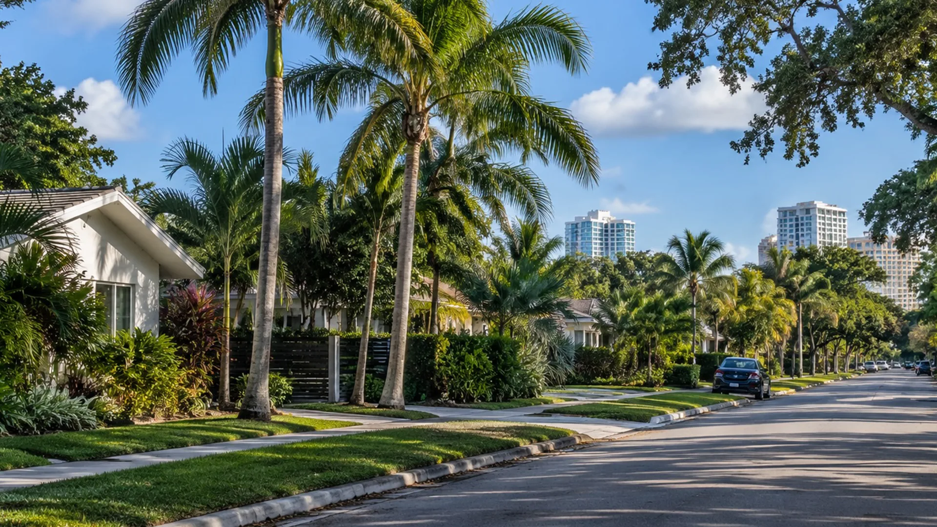 Tree-lined residential street in Wilton Manors with palm trees, single-family homes, and Fort Lauderdale high-rises in the distance.